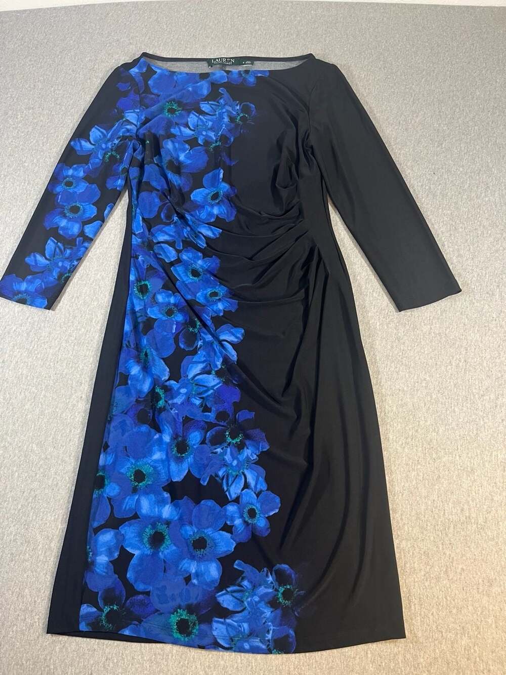 Lauren Ralph Lauren Black Blue Floral Ruched Long Sleeve Midi Dress Women’s 8